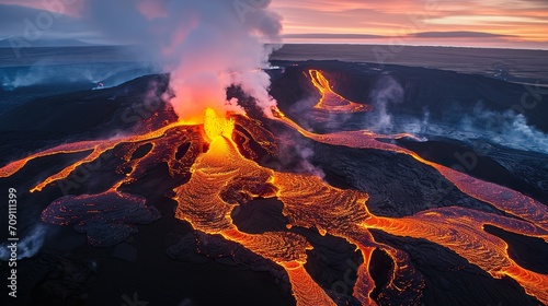 Eruption and freshly flowing lava made with Ai generative technology photo