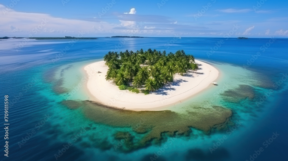 Aerial view of tropical island, pristine beach, ideal retreat - obrazy, fototapety, plakaty 