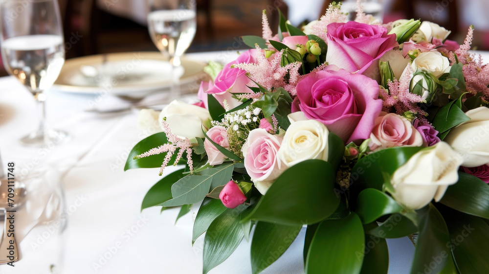 Bouquet of roses on restaurant table, festive place setting