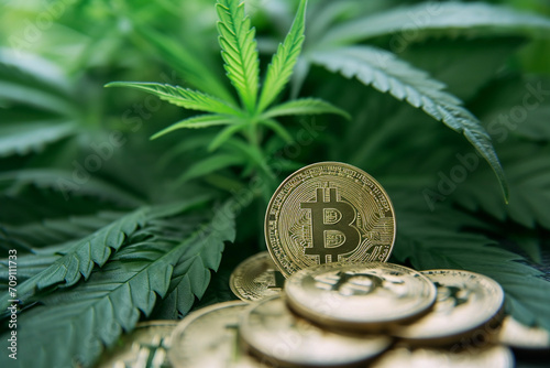 Cannabis business marijuana market industry trend grow higher quickly concept / Cannabis leaf growth on Bitcoin Cryptocurrency coins bcakground photo