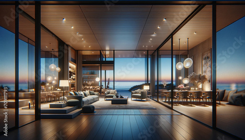 showcasing a modern  luxury home with the living room and dining room open to an ocean view at dusk