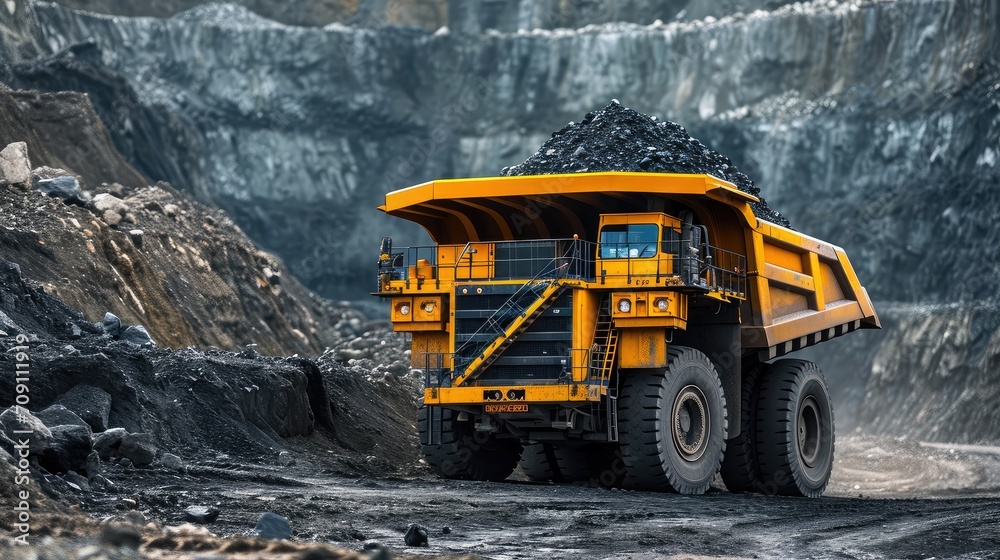 Open pit mine industry, big yellow mining truck for coal anthracite Open pit mine industry, big yellow mining truck for coal anthracite