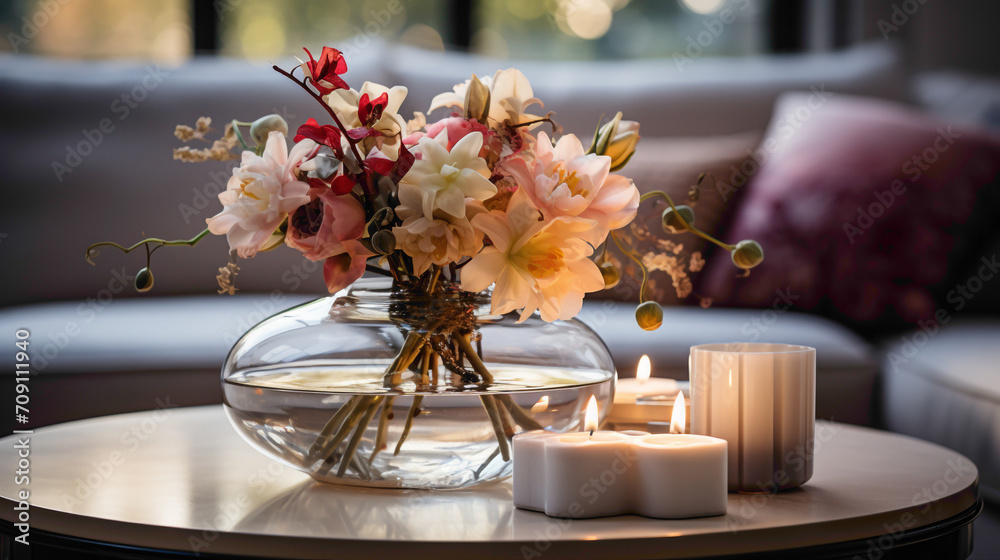 Close-up of a glass vase filled with vibrant flowers on a round coffee table, accentuating the elegance of a white sofa in a modern 
