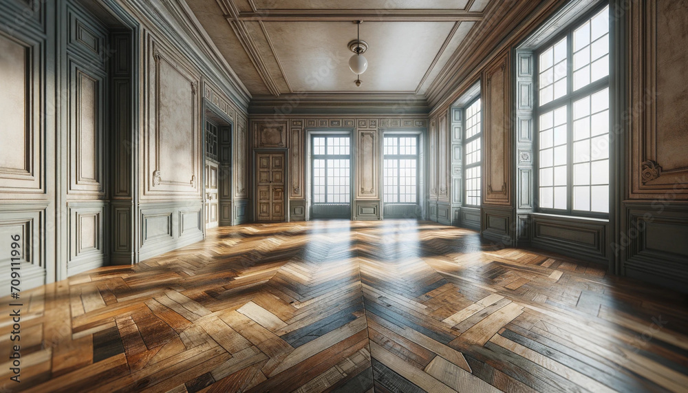 interior of a spacious, empty old room with a laminated floor and windows. The scene should capture