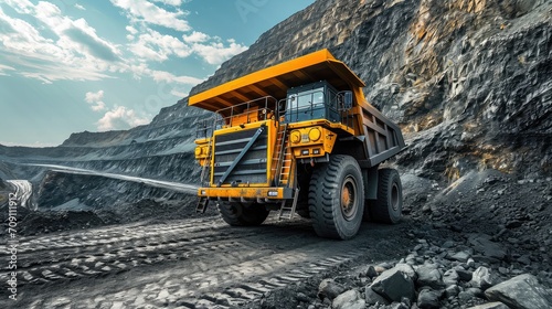 Open pit mine industry, big yellow mining truck for coal anthracite