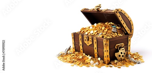 Wooden chest containing gold coins on white background