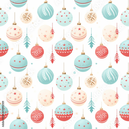 Seamless pattern with colorful christmas decorations on white background.