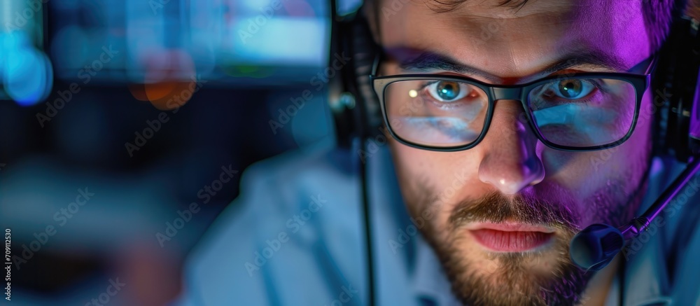 Call center employee, focused on camera. Call center employee, focused on camera.