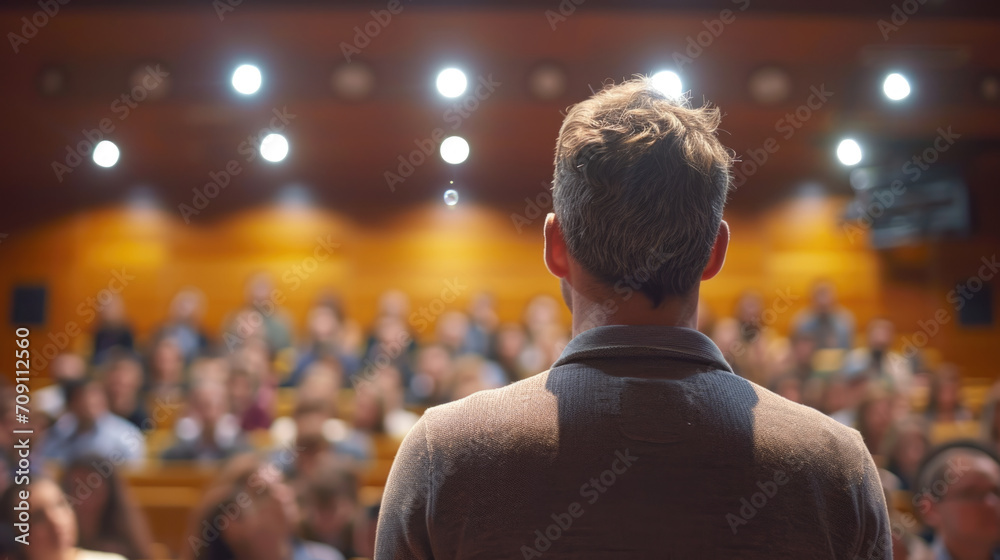 A speaker addressing an audience in an auditorium during a seminar, viewed from behind, showcasing the educational interaction. A speaker addressing an audience in an auditorium during a seminar, viewed from behind, showcasing the educational interaction.