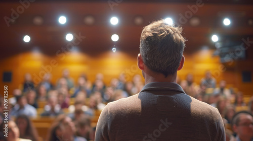 A speaker addressing an audience in an auditorium during a seminar, viewed from behind, showcasing the educational interaction.