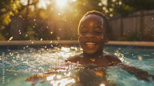 Little black boy in a backyard swimming pool, smiling. Sun light. Summer vibes