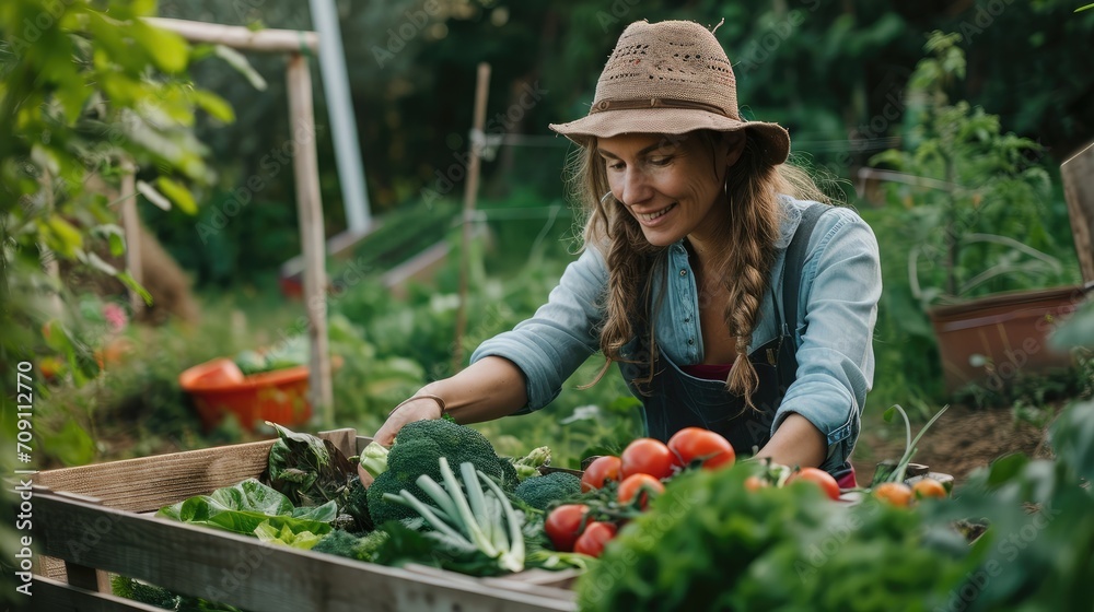 Vegetable farmer arranging freshly picked produce into a crate on an organic farm. Vegetable farmer arranging freshly picked produce into a crate on an organic farm.