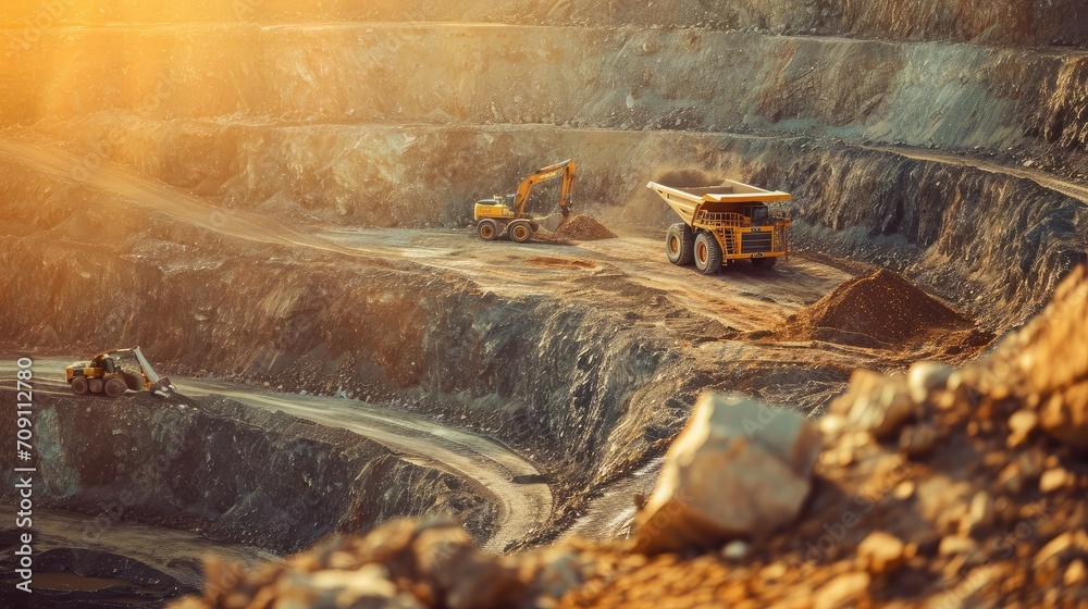 Work of trucks and the excavator in an open pit on gold mining, - obrazy, fototapety, plakaty 