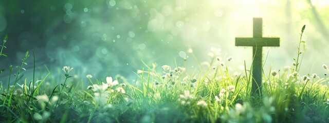 Cross in a meadow with copy space