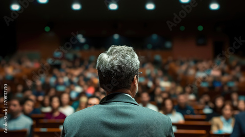 A speaker giving a lecture to an audience in an auditorium, seen from behind, emphasizing the seminar's engaging atmosphere.