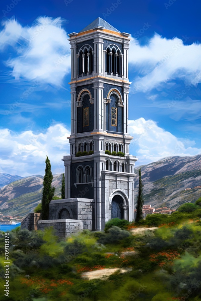 church tower in the mountains