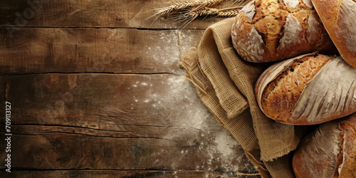 Artisan bread loaves at the side of a banner, offering a wide area for text. photo