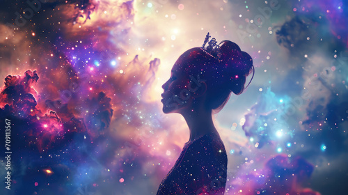 Galaxy dress woman in a vibrant cosmic scenery, Starry night cosmos. Astronomy the science of the universe. Supernova background wallpaper