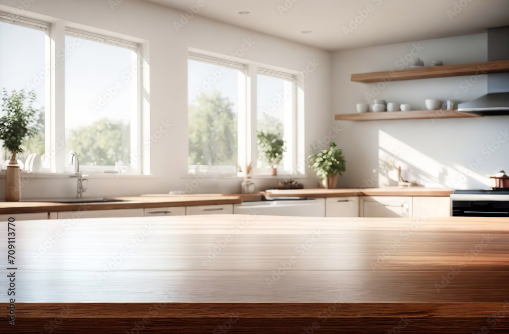 Empty wooden table top counter near a big window. Wood tabletop over defocused kitchen background. Trendy stylish desk space for product presentation, blur light modern cooking interior. Empty wooden table top counter near a big window. Wood tabletop over defocused kitchen background. Trendy stylish desk space for product presentation, blur light modern cooking interior.