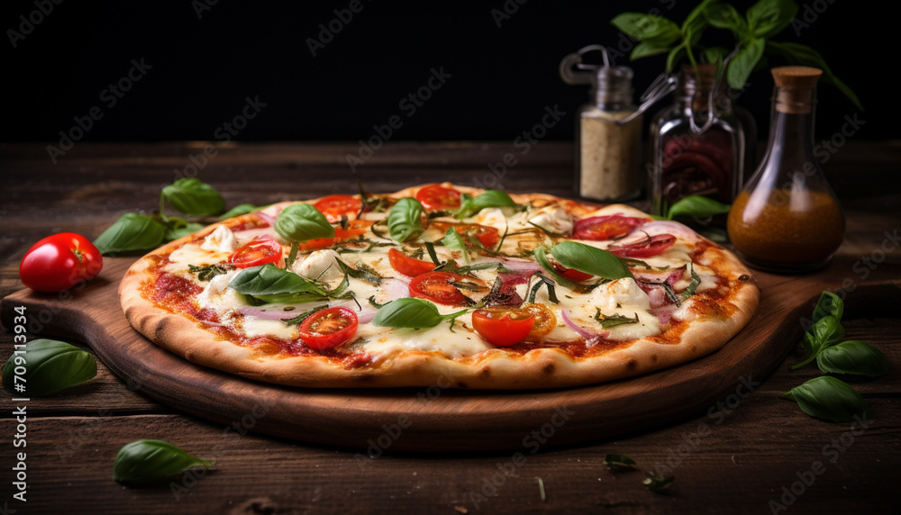 A delectable Italian pizza with mozzarella, basil, and various vegetables on a wooden table, creating an enticing visual