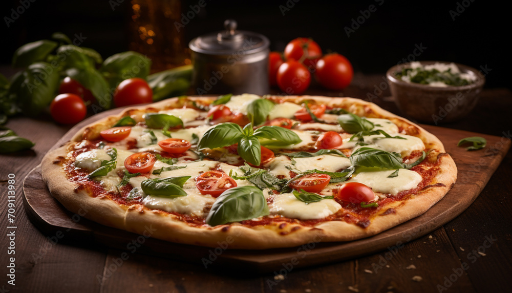 A delectable Italian pizza with mozzarella, basil, and various vegetables on a wooden table, creating an enticing visual