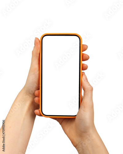 Mobile phone screen mockup in case. Hand holding cellphone display mock up isolated on white photo