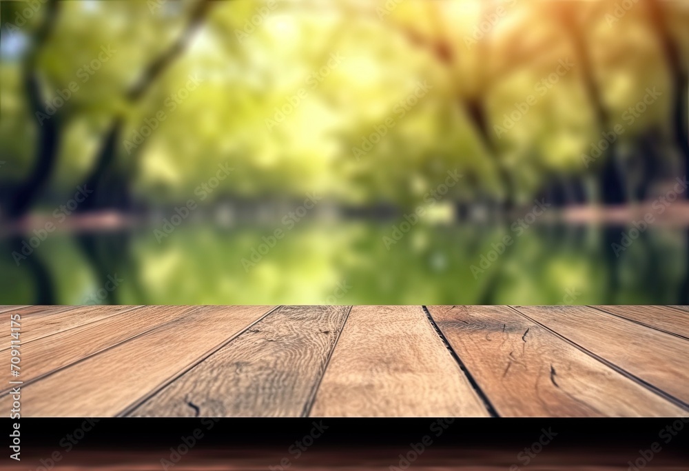 Wooden table top with natural green background of blurred lake Wooden table top with natural green background of blurred lake