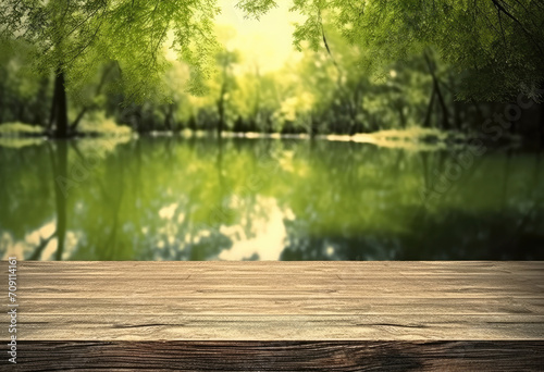 Wooden table top with natural green background of blurred lake