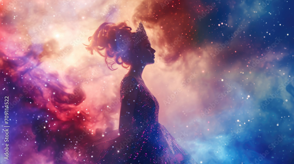 Galaxy dress woman in a beautiful space scenery, Starry night cosmos. Astronomy the science of the universe. Supernova background wallpaper
