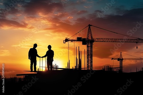 Silhouette of Engineer and worker with clipping path on building site, construction site at sunset in evening time.