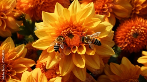 Bee s Haven Capture a Dahlia flower with a bee collecting nectar. Focus on the interaction between the bee and the flower  showcasing the role of Dahlias in supporting pollinators