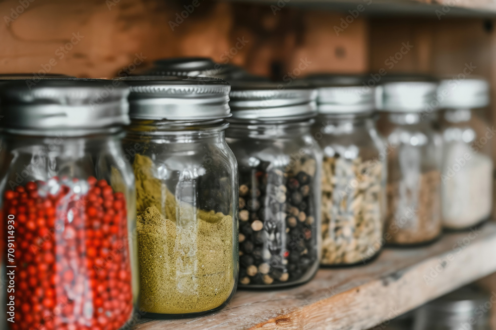 Close-up of a variety of spices and herbs in glass jars on a kitchen shelf. Close-up of a variety of spices and herbs in glass jars on a kitchen shelf.