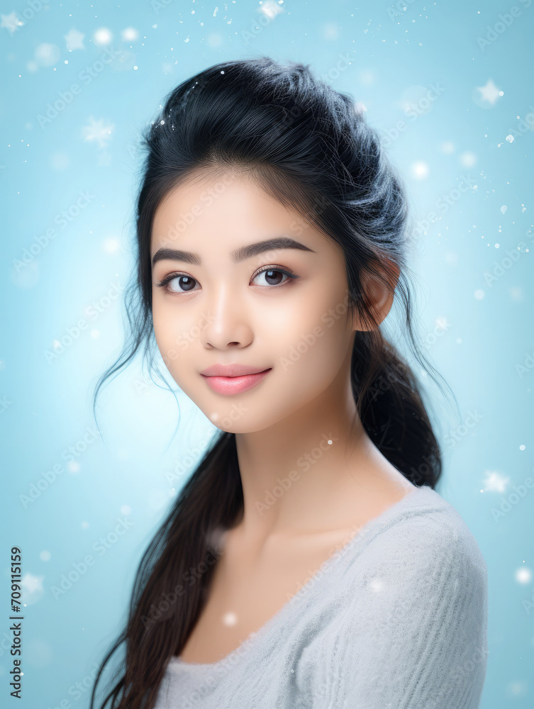 Portrait of a gorgeous young asian model under the snow. Studio portrait on a light blue background. Portrait of a gorgeous young asian model under the snow. Studio portrait on a light blue background.