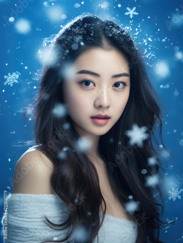 Winter studio portrait of a beautiful young asian model on a blue background with snowflakes falling around. Seasonal skin care and cosmetics adverstising concept