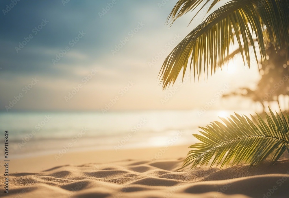 Abstract blur defocused background nature of tropical summer beach with rays of sun light Golden san