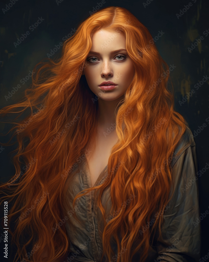 Illustration of a gorgeous young woman with red long red wavy hair. Portrait on a dark background Illustration of a gorgeous young woman with red long red wavy hair. Portrait on a dark background