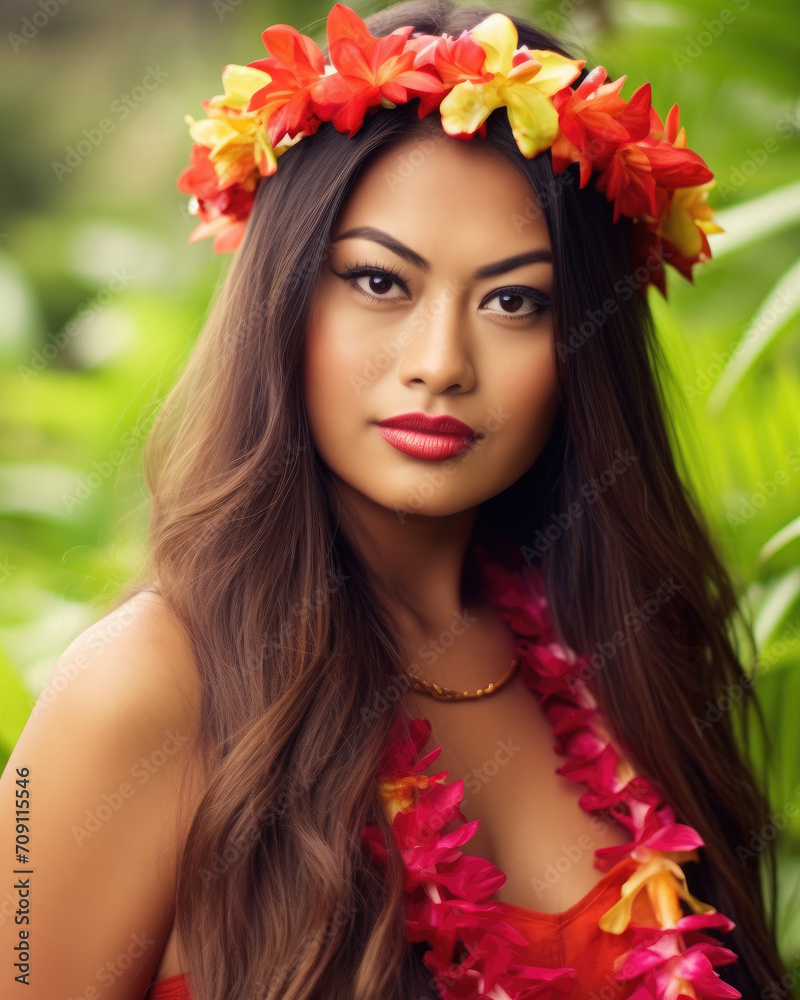 Young native hawaiian woman and hula dancer with the traditional flower crown and necklace Young native hawaiian woman and hula dancer with the traditional flower crown and necklace