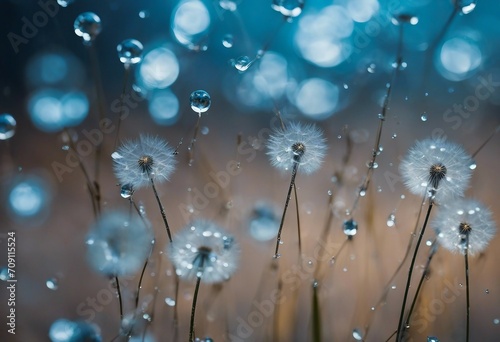 Beautiful abstract blue background on a mirror surface of the seeds of dandelion flowers with reflec photo