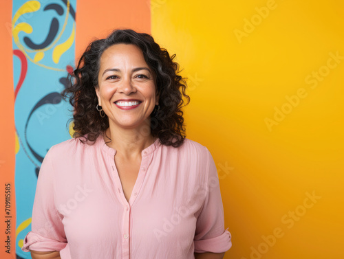 Portrait of a middle aged hispanic woman smiling with joy. Colorful bright background 