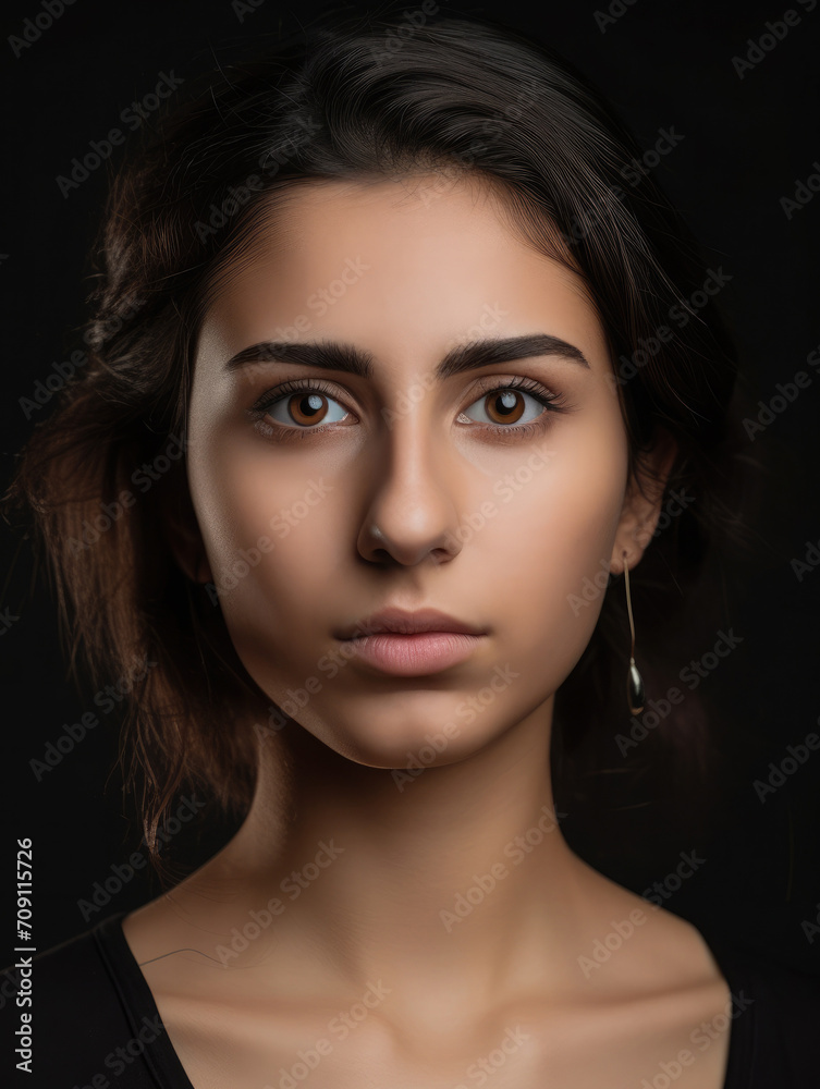 Portrait of a brunette woman with dark eyes and hair posing with a serious expression on a dark studio background. Natural look Portrait of a brunette woman with dark eyes and hair posing with a serious expression on a dark studio background. Natural look