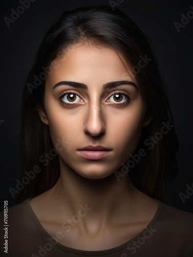 Head portrait of a brunette girl with a natural look, dark long hair and dark eyes on a black studio background 