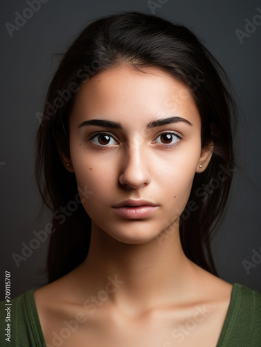 Portrait of a young woman with dark hair and dark eyes. Studio headshot on a dark background. Serious expression. 