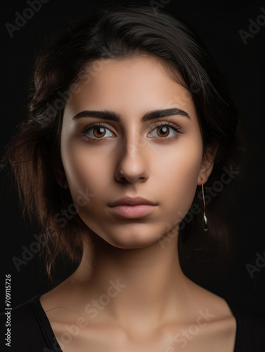 Portrait of a brunette woman with dark eyes and hair posing with a serious expression on a dark studio background. Natural look