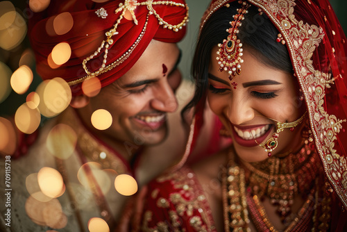 a happy indian bride and groom wearing traditional red attire bokeh style background