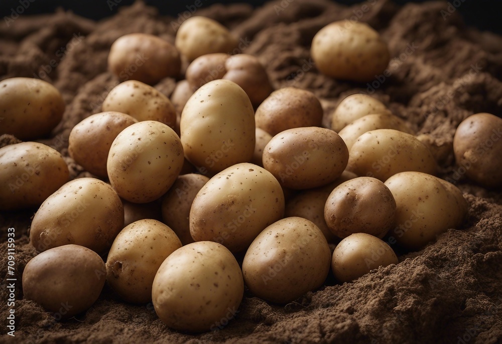 Beautiful fresh large tubers of new potatoes on a brown ground close-up Beautiful fresh large tubers of new potatoes on a brown ground close-up