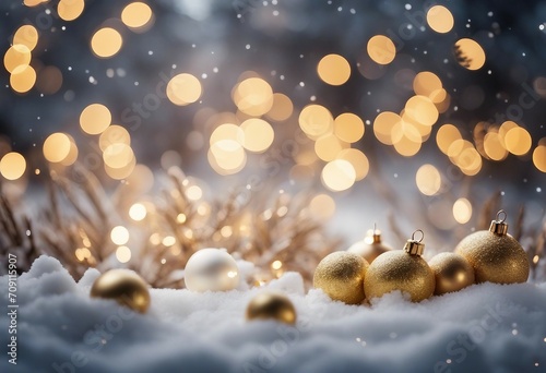 Beautiful Festive Christmas light snowy background Christmas tree decorated with gold balls in fores