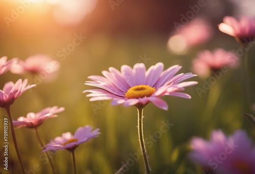 Beautiful flower pink daisy with soft focus of a summer morning in the grass with dew in the sunligh