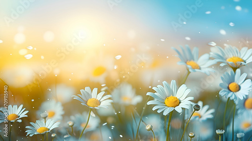 Beautiful gently spring or summer field with chamomile flowers on nature blurred sky background. Close-up Meadow natural landscape Generative Ai.