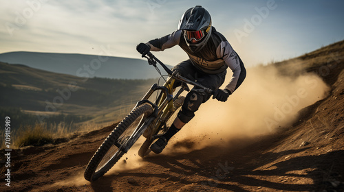 Cyclist wearing protective gear riding downhill