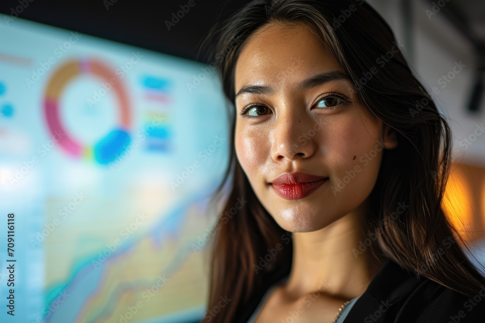 A female marketing executive in a boardroom, standing by a presentation screen and making eye contact with the camera A female marketing executive in a boardroom, standing by a presentation screen and making eye contact with the camera
